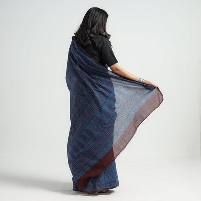 Blue - Bagh Hand Block Printed Cotton Saree