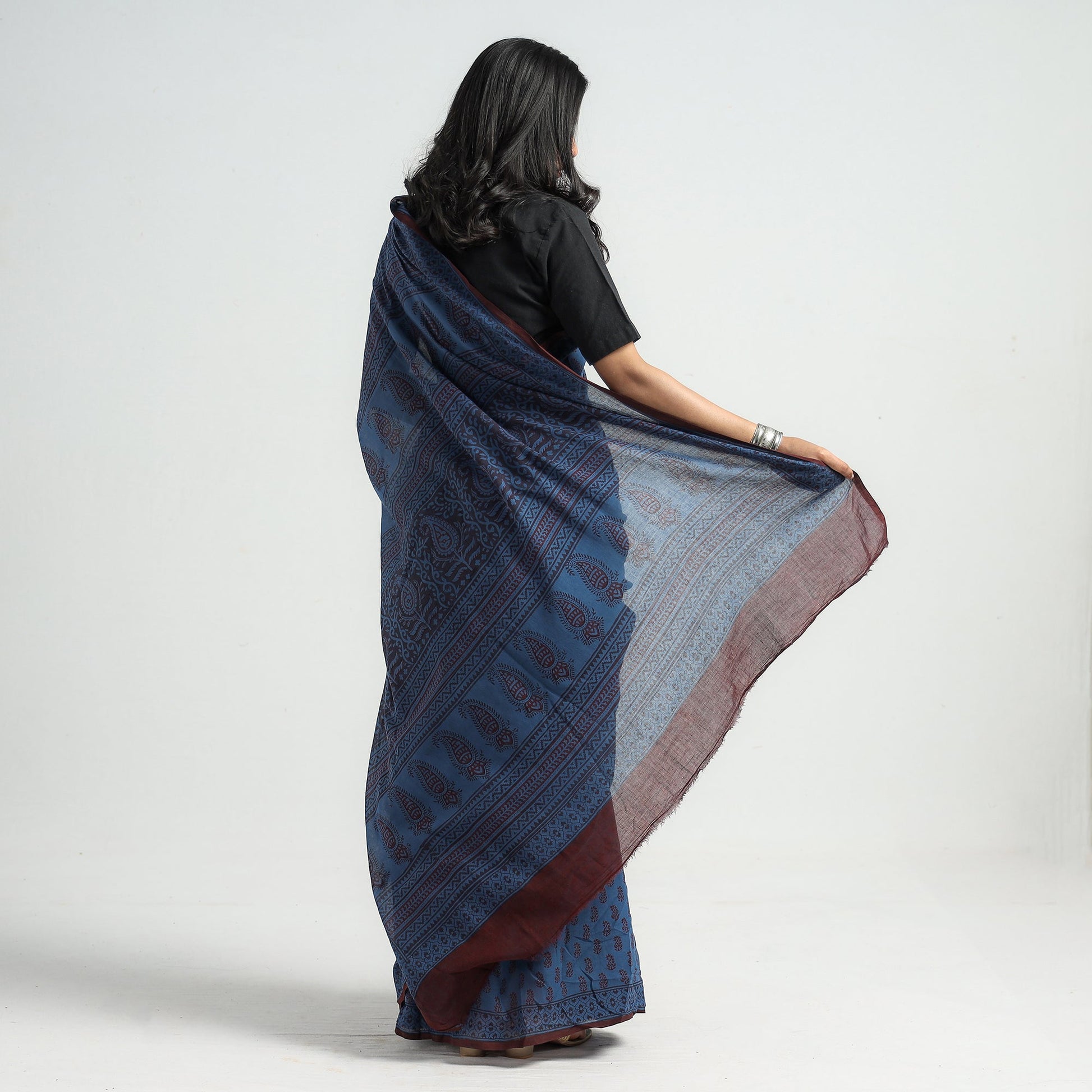 Blue - Bagh Hand Block Printed Cotton Saree