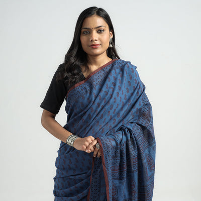 Blue - Bagh Hand Block Printed Cotton Saree