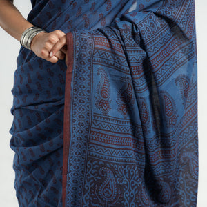 Blue - Bagh Hand Block Printed Cotton Saree