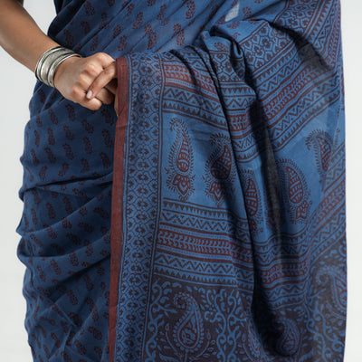 Blue - Bagh Hand Block Printed Cotton Saree