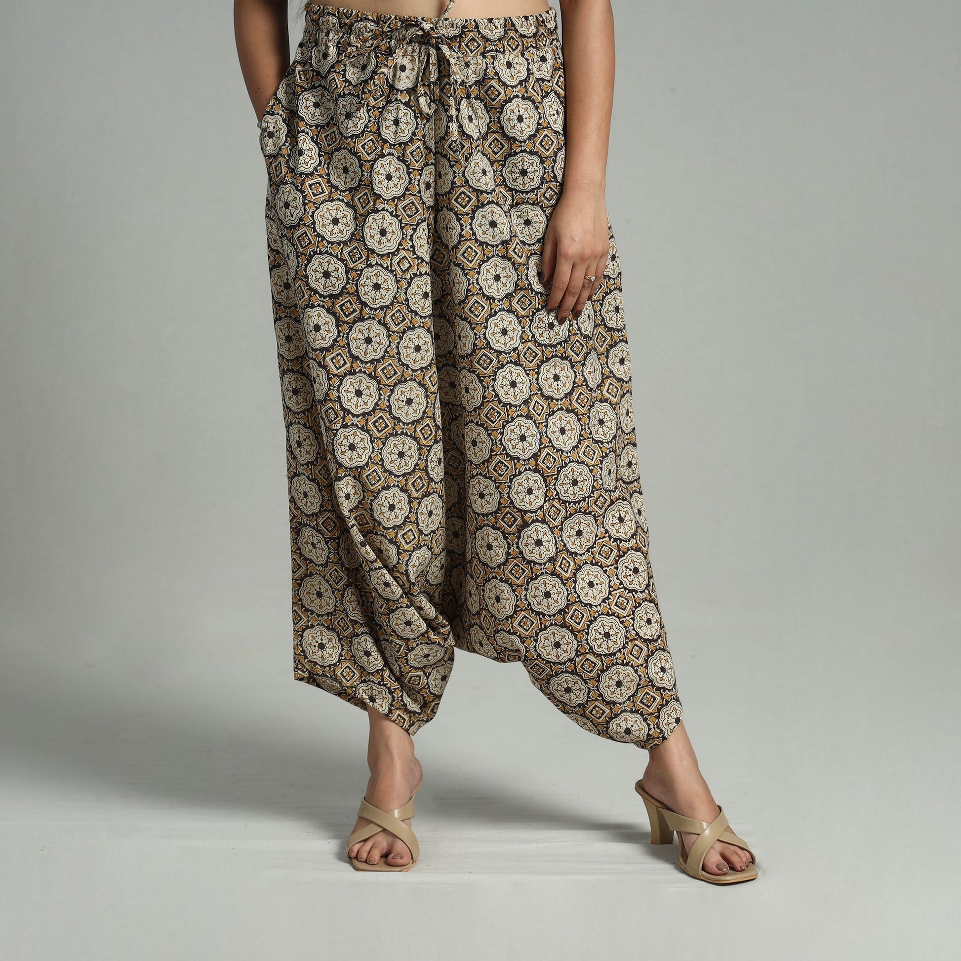 Brown - Bagru Block Print Cotton Elasticated Harem Pant 13