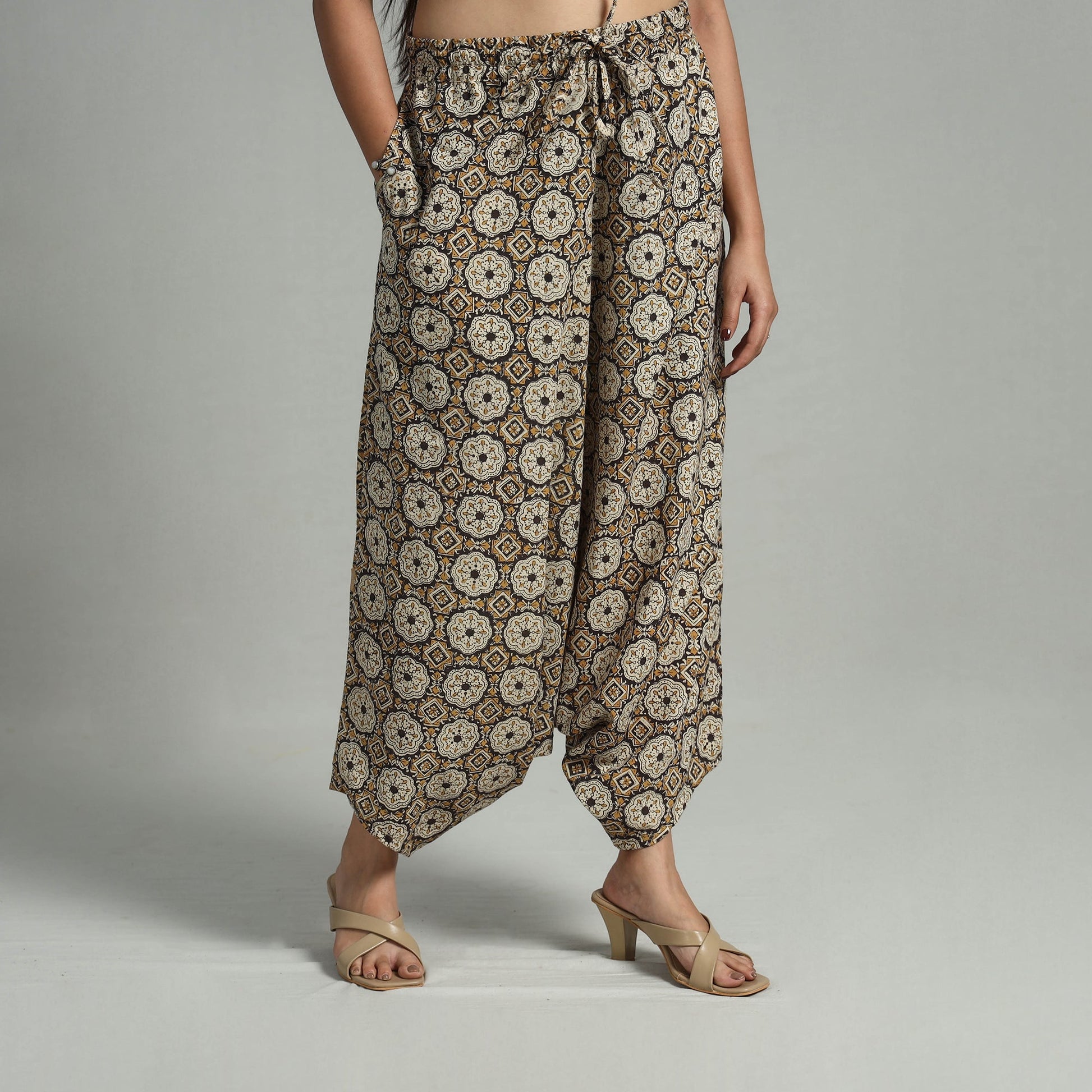 Brown - Bagru Block Print Cotton Elasticated Harem Pant 13