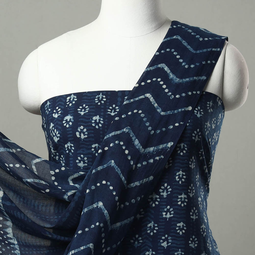 Blue - 3pc Indigo Bagru Block Print Cotton Dress Material Set 04