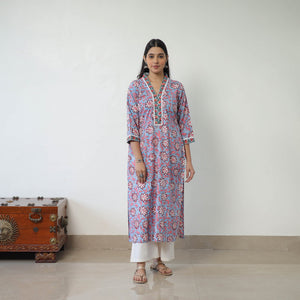 Blue - Block Print Cotton Straight Sanganeri Kurta 10