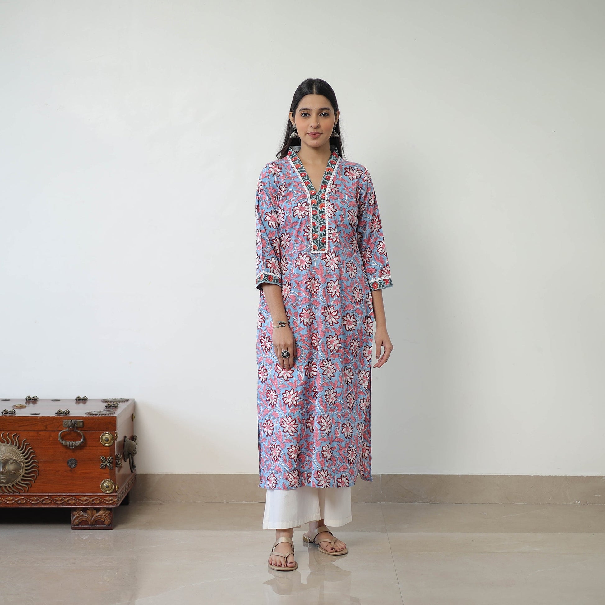 Blue - Block Print Cotton Straight Sanganeri Kurta 10
