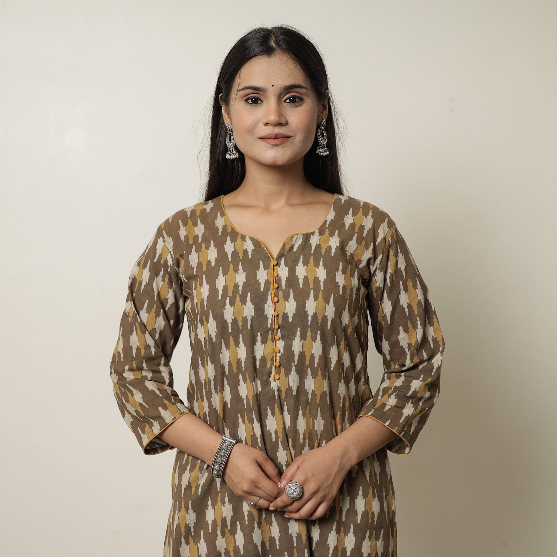 Brown - Akola Hand Block Printed Cotton Straight Kurta 01