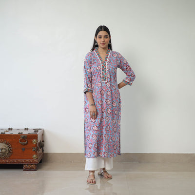 Blue - Block Print Cotton Straight Sanganeri Kurta 10