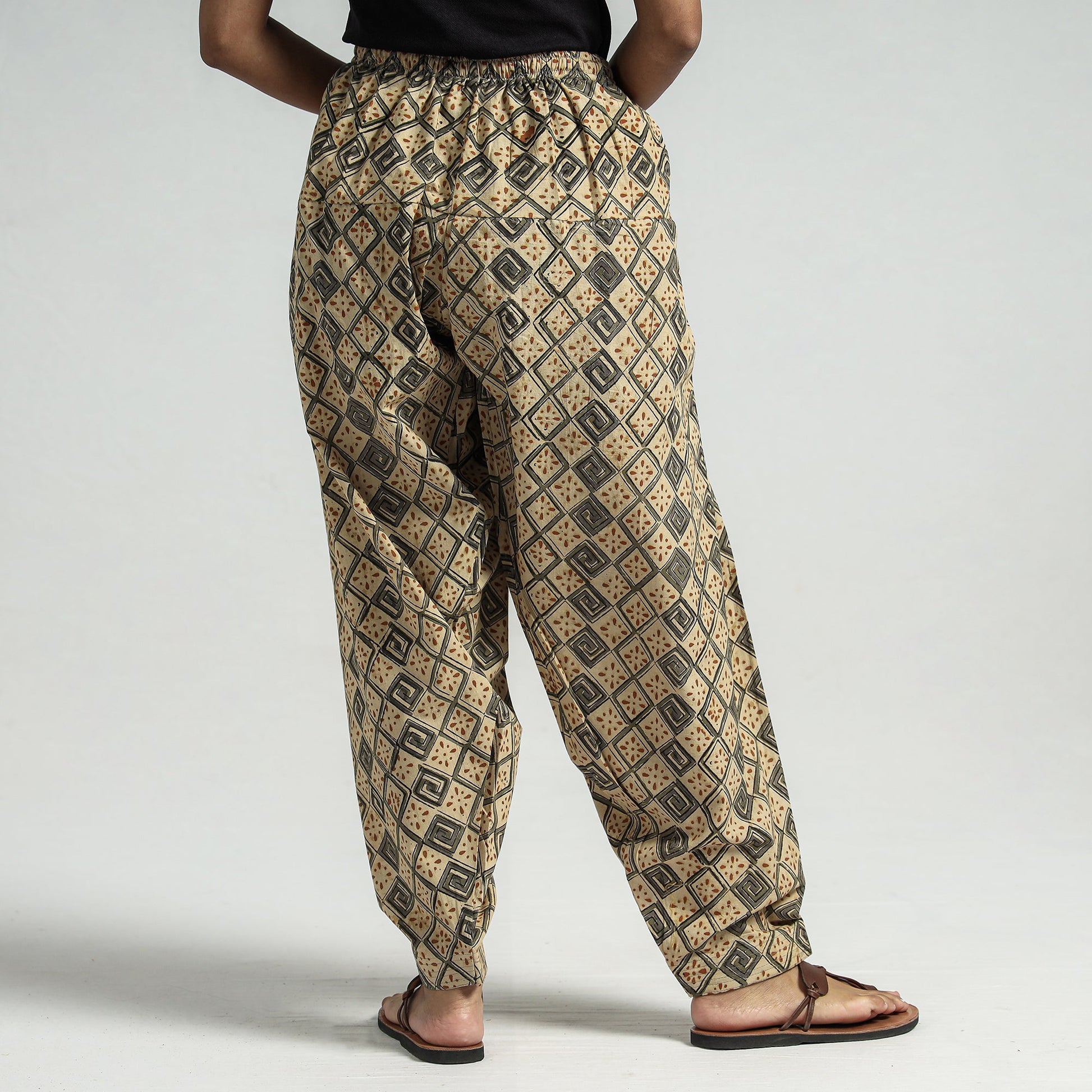 Beige - Kalamkari Block Printed Cotton Elasticated Salwar