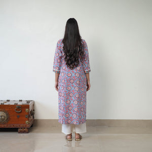 Blue - Block Print Cotton Straight Sanganeri Kurta 10