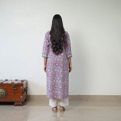Blue - Block Print Cotton Straight Sanganeri Kurta 10