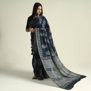Black - Kashidakari Hand Embroidered Chanderi Silk Block Printed Handloom Saree with Zari Border