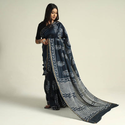 Black - Kashidakari Hand Embroidered Chanderi Silk Block Printed Handloom Saree with Zari Border