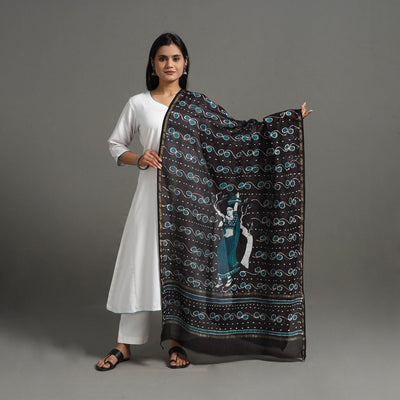 Black - Handloom Chanderi Silk Hand Batik Printed Dupatta 10