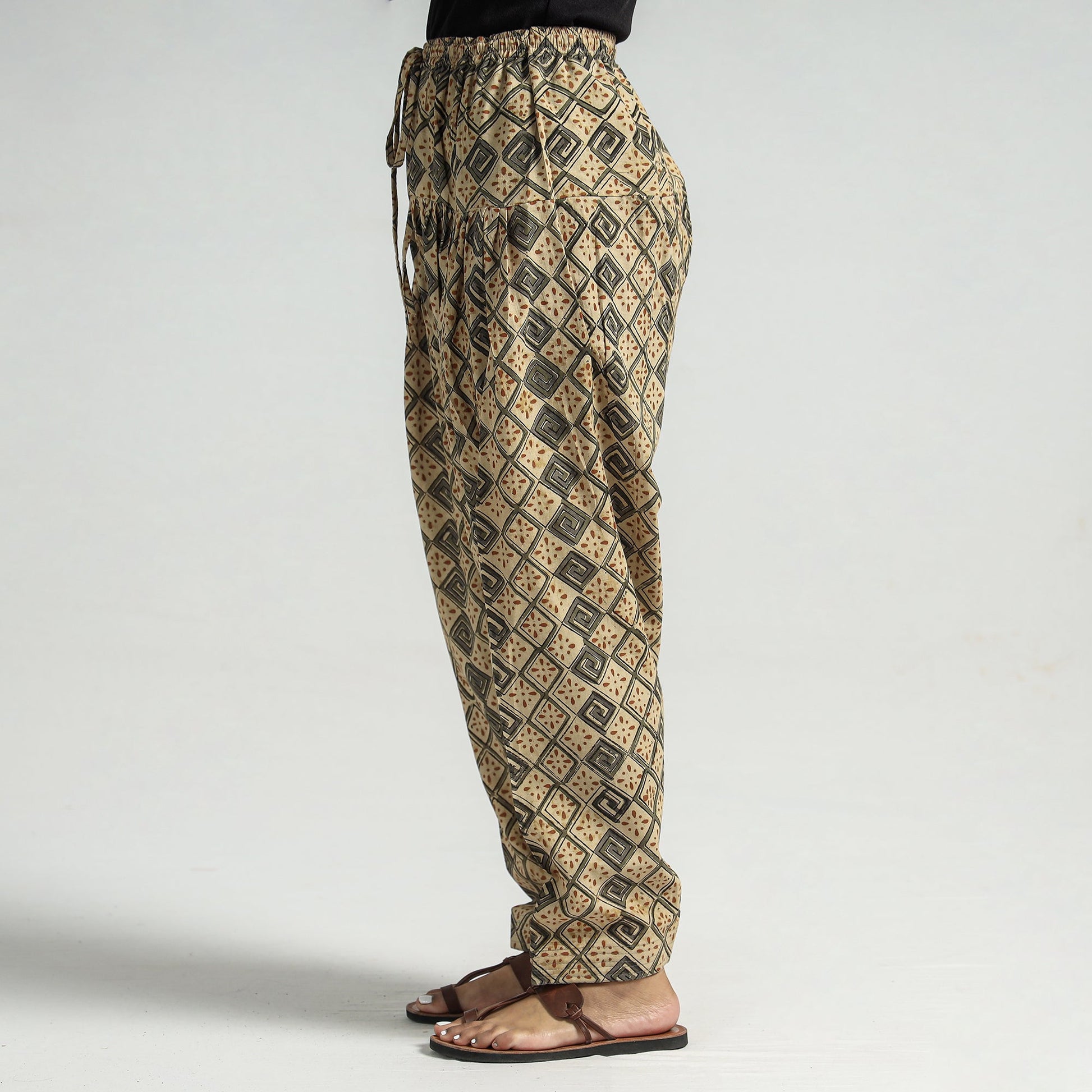 Beige - Kalamkari Block Printed Cotton Elasticated Salwar