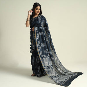 Black - Kashidakari Hand Embroidered Chanderi Silk Block Printed Handloom Saree with Zari Border