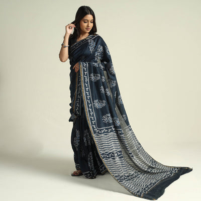 Black - Kashidakari Hand Embroidered Chanderi Silk Block Printed Handloom Saree with Zari Border