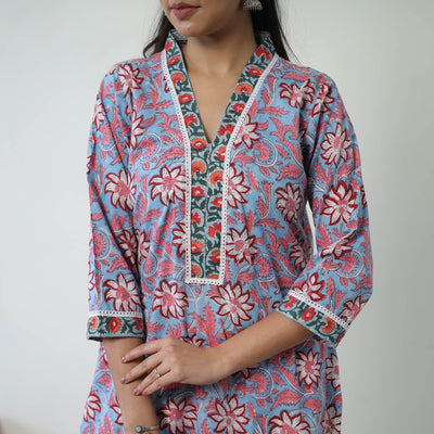 Blue - Block Print Cotton Straight Sanganeri Kurta 10