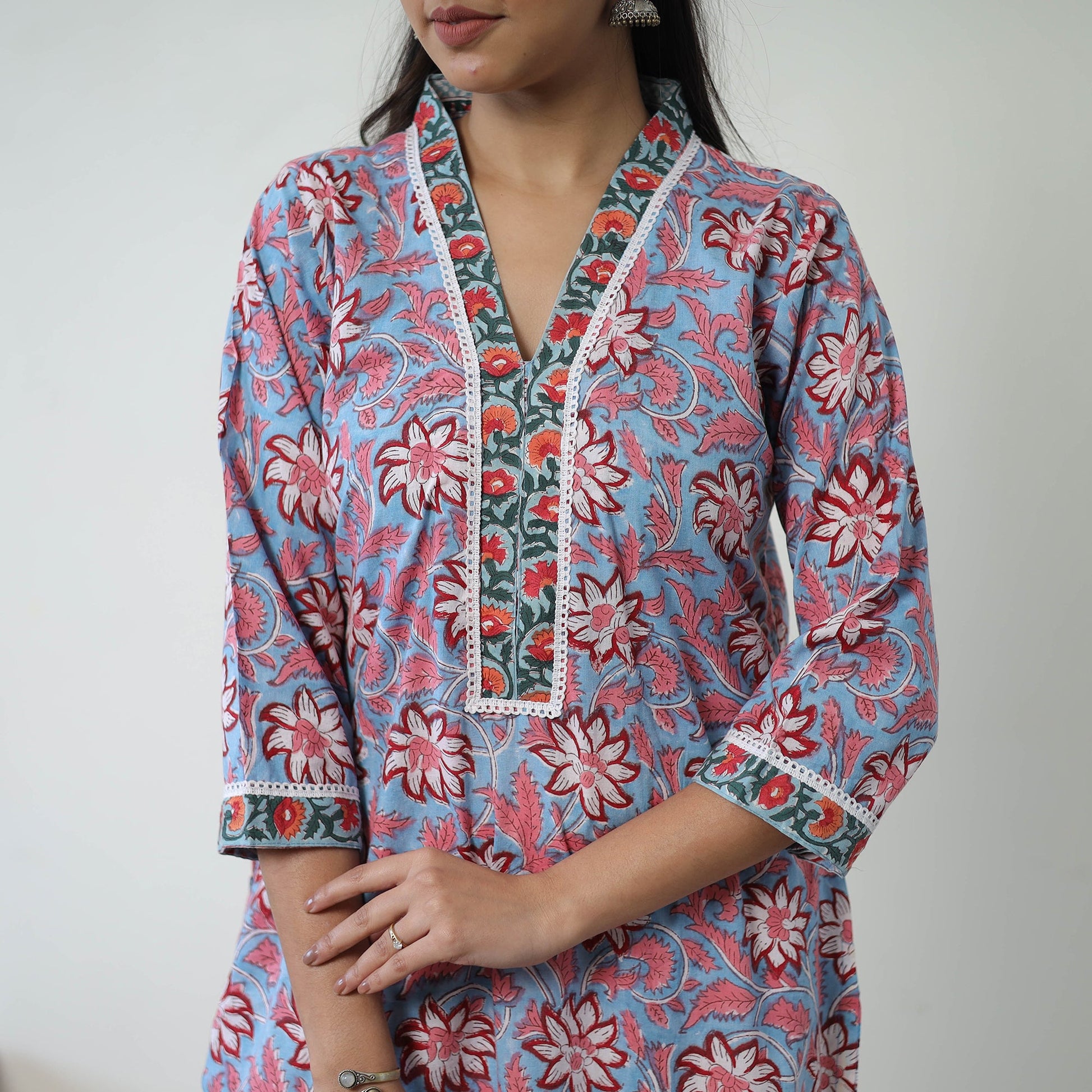 Blue - Block Print Cotton Straight Sanganeri Kurta 10