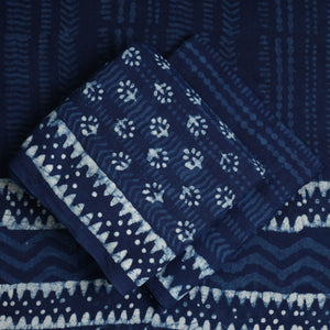Blue - 3pc Indigo Bagru Block Print Cotton Dress Material Set 04