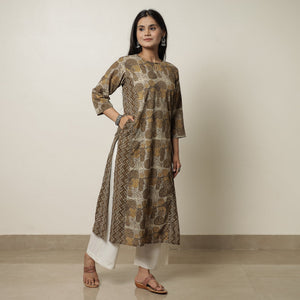 Brown - Akola Hand Block Printed Cotton Straight Kurta 23