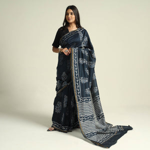Black - Kashidakari Hand Embroidered Chanderi Silk Block Printed Handloom Saree with Zari Border