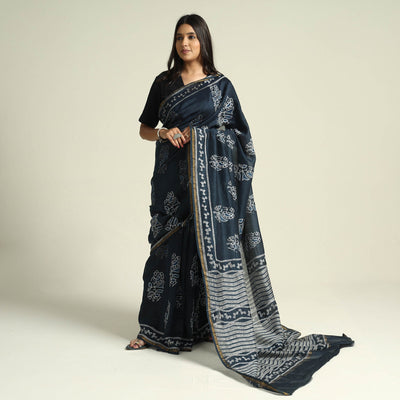 Black - Kashidakari Hand Embroidered Chanderi Silk Block Printed Handloom Saree with Zari Border