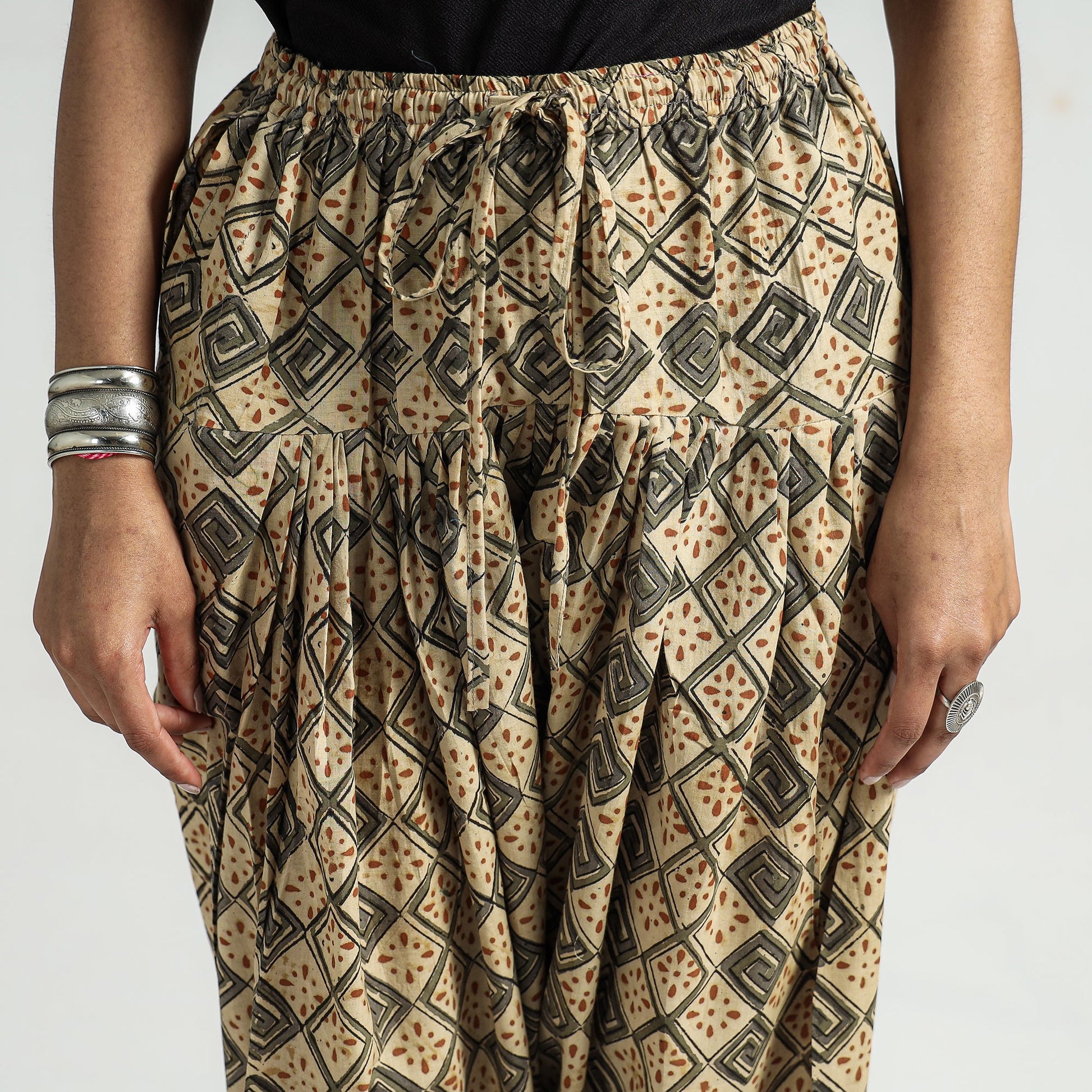 Beige - Kalamkari Block Printed Cotton Elasticated Salwar
