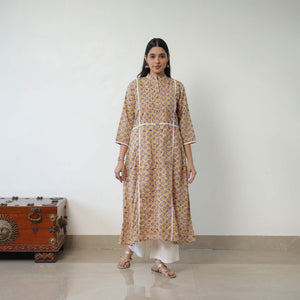 Brown - Block Print Cotton A-Line Sanganeri Kurta 07