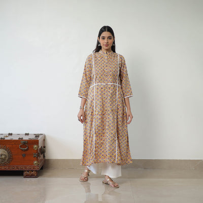 Brown - Block Print Cotton A-Line Sanganeri Kurta 07