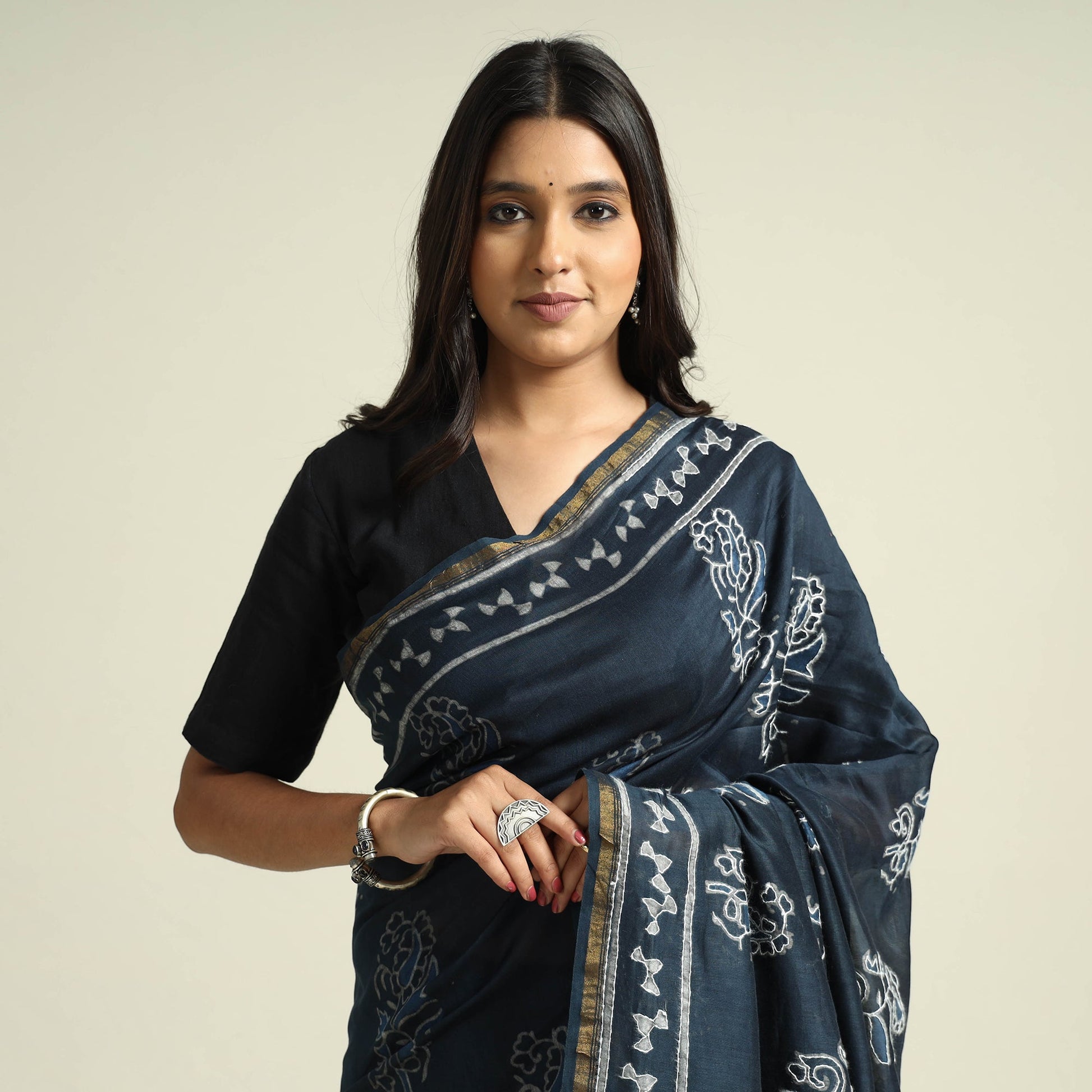 Black - Kashidakari Hand Embroidered Chanderi Silk Block Printed Handloom Saree with Zari Border