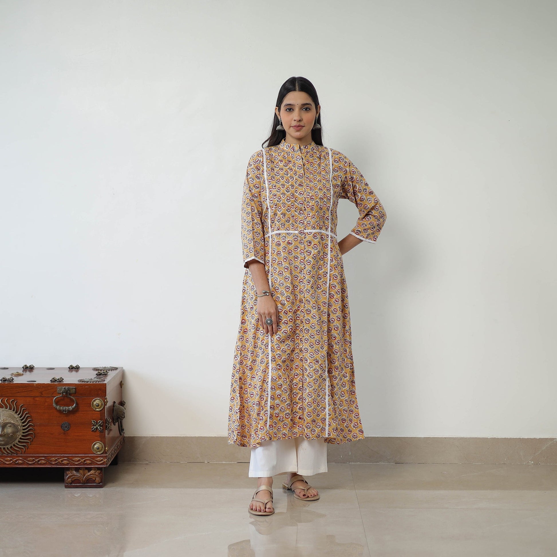 Brown - Block Print Cotton A-Line Sanganeri Kurta 07
