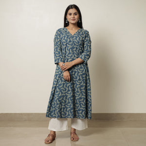 Blue - Akola Hand Block Printed Cotton A-Line Kurta 22