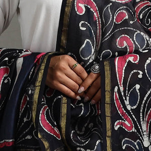 Black - Handloom Chanderi Silk Hand Batik Printed Dupatta 08