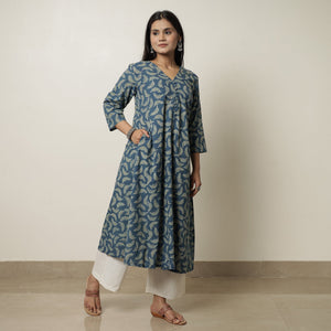 Blue - Akola Hand Block Printed Cotton A-Line Kurta 22