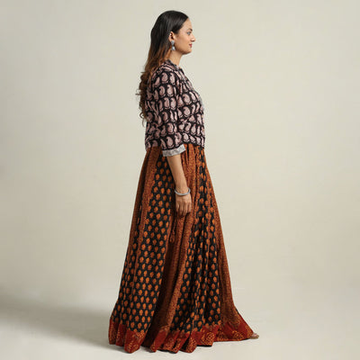 Brown - Bagh Block Printed Patchwork Cotton Long Skirt