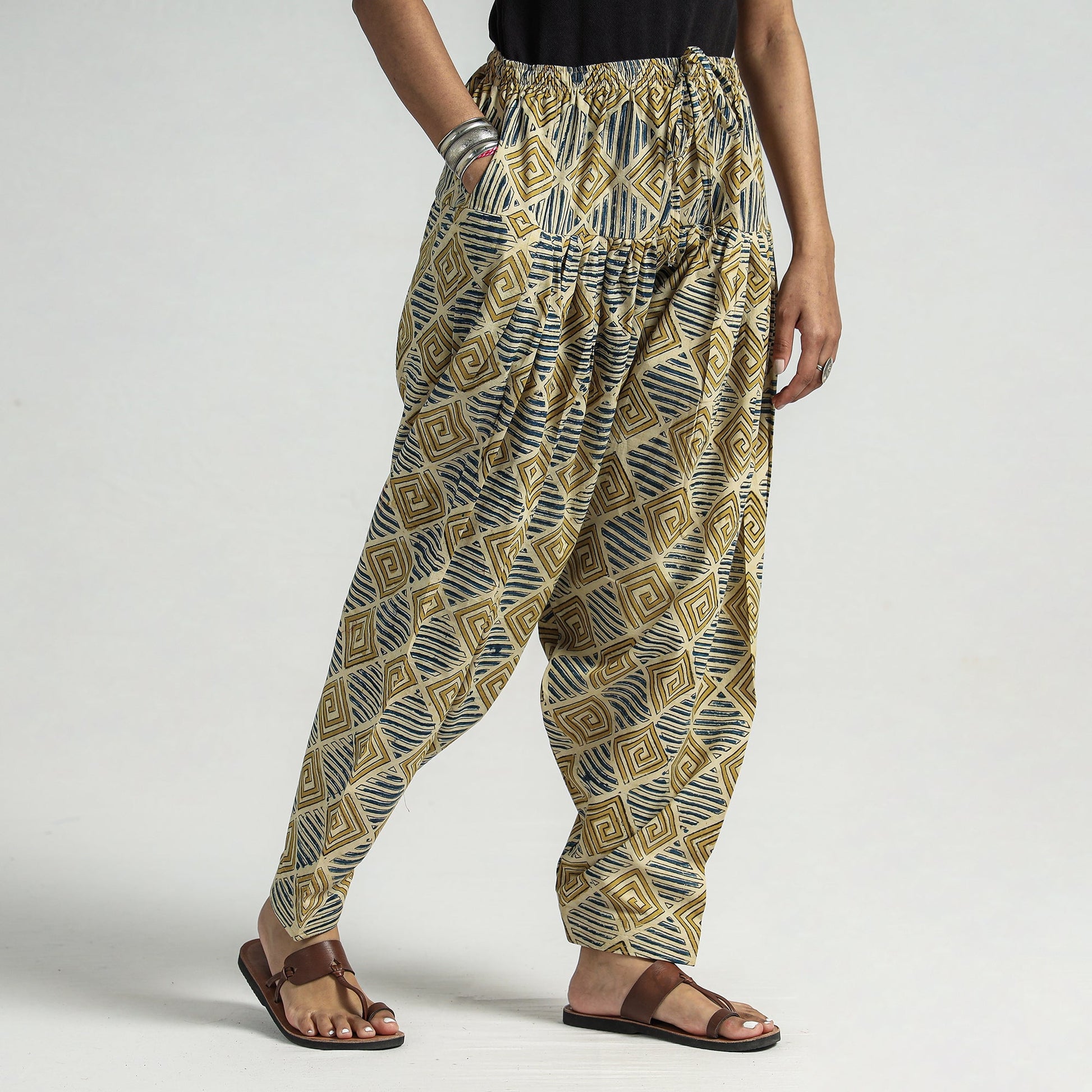 Beige - Kalamkari Block Printed Cotton Elasticated Salwar