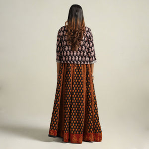 Brown - Bagh Block Printed Patchwork Cotton Long Skirt