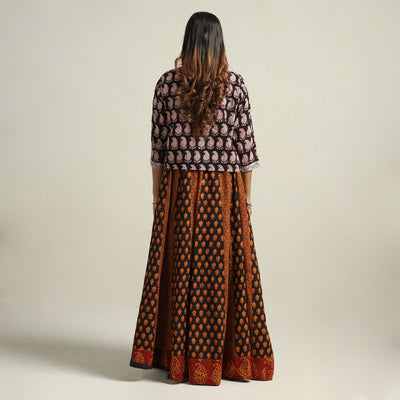 Brown - Bagh Block Printed Patchwork Cotton Long Skirt