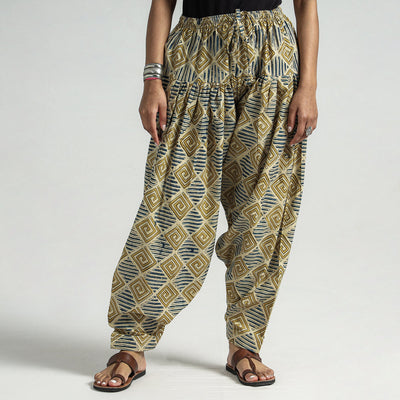 Beige - Kalamkari Block Printed Cotton Elasticated Salwar