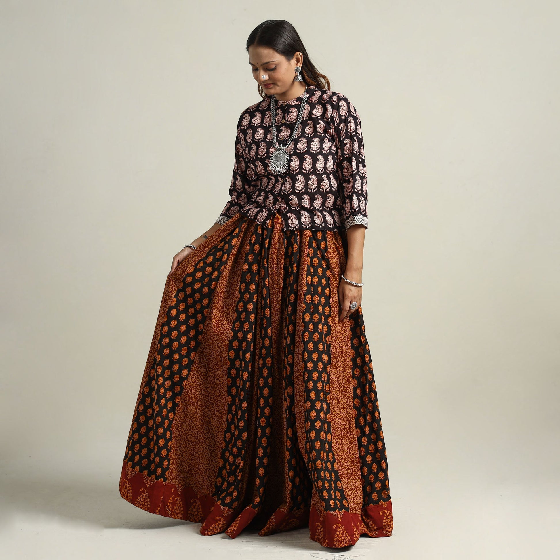 Brown - Bagh Block Printed Patchwork Cotton Long Skirt