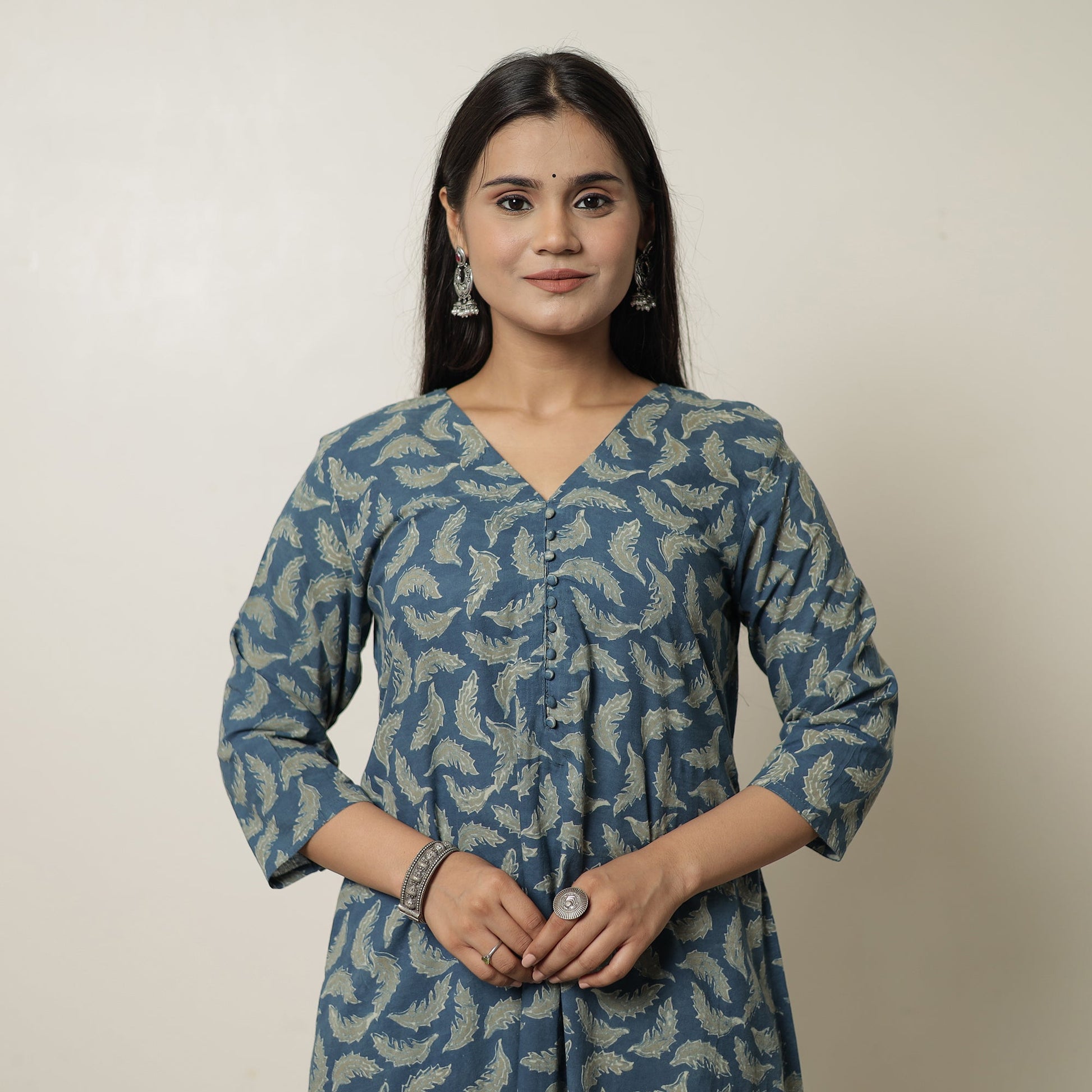 Blue - Akola Hand Block Printed Cotton A-Line Kurta 22