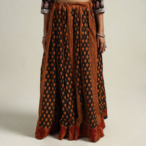Brown - Bagh Block Printed Patchwork Cotton Long Skirt