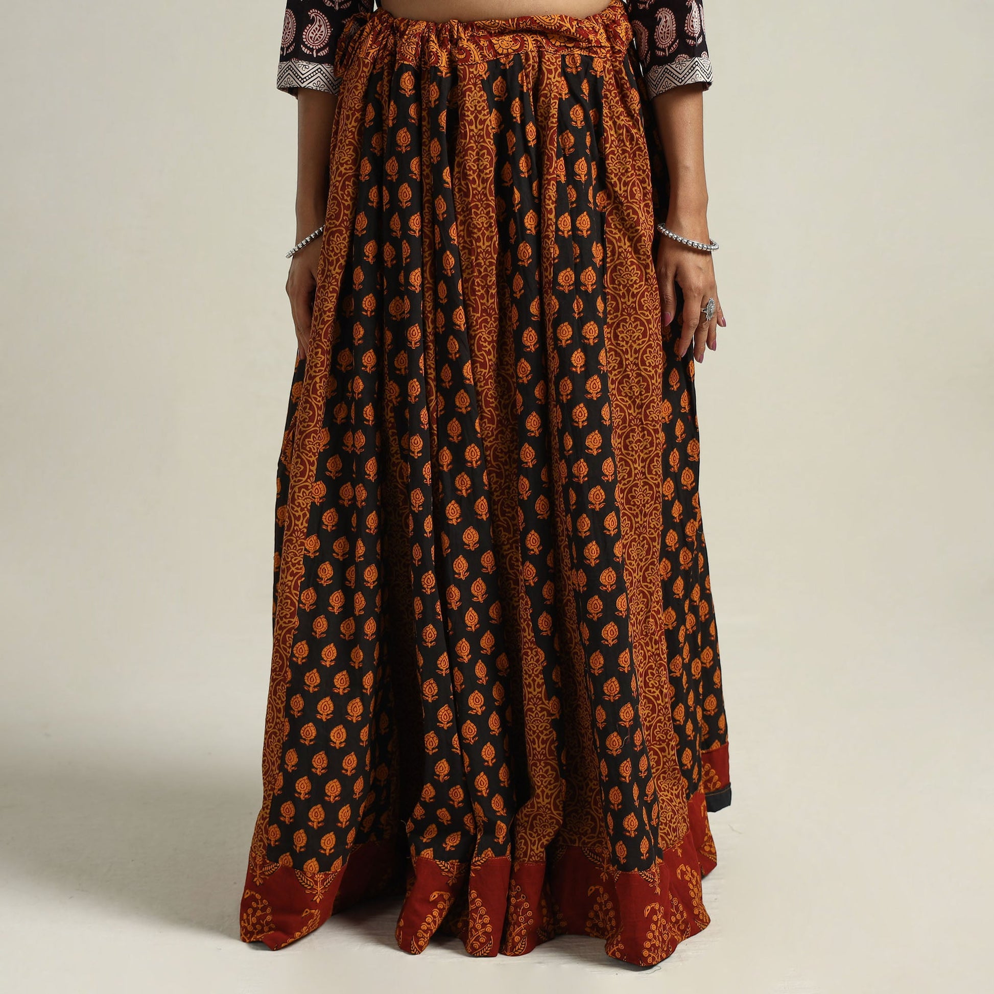 Brown - Bagh Block Printed Patchwork Cotton Long Skirt