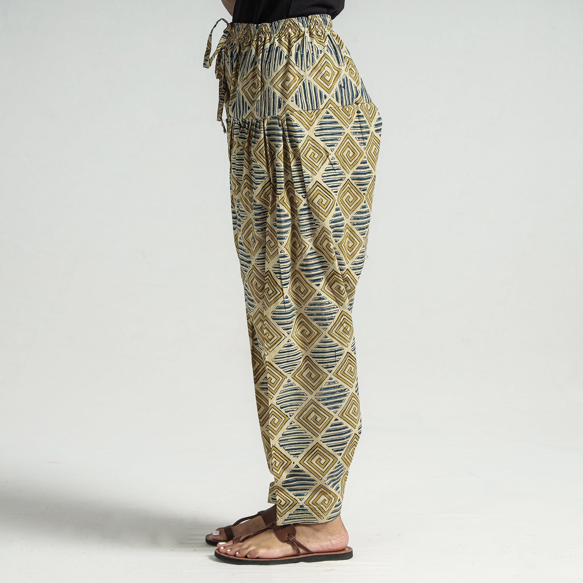 Beige - Kalamkari Block Printed Cotton Elasticated Salwar