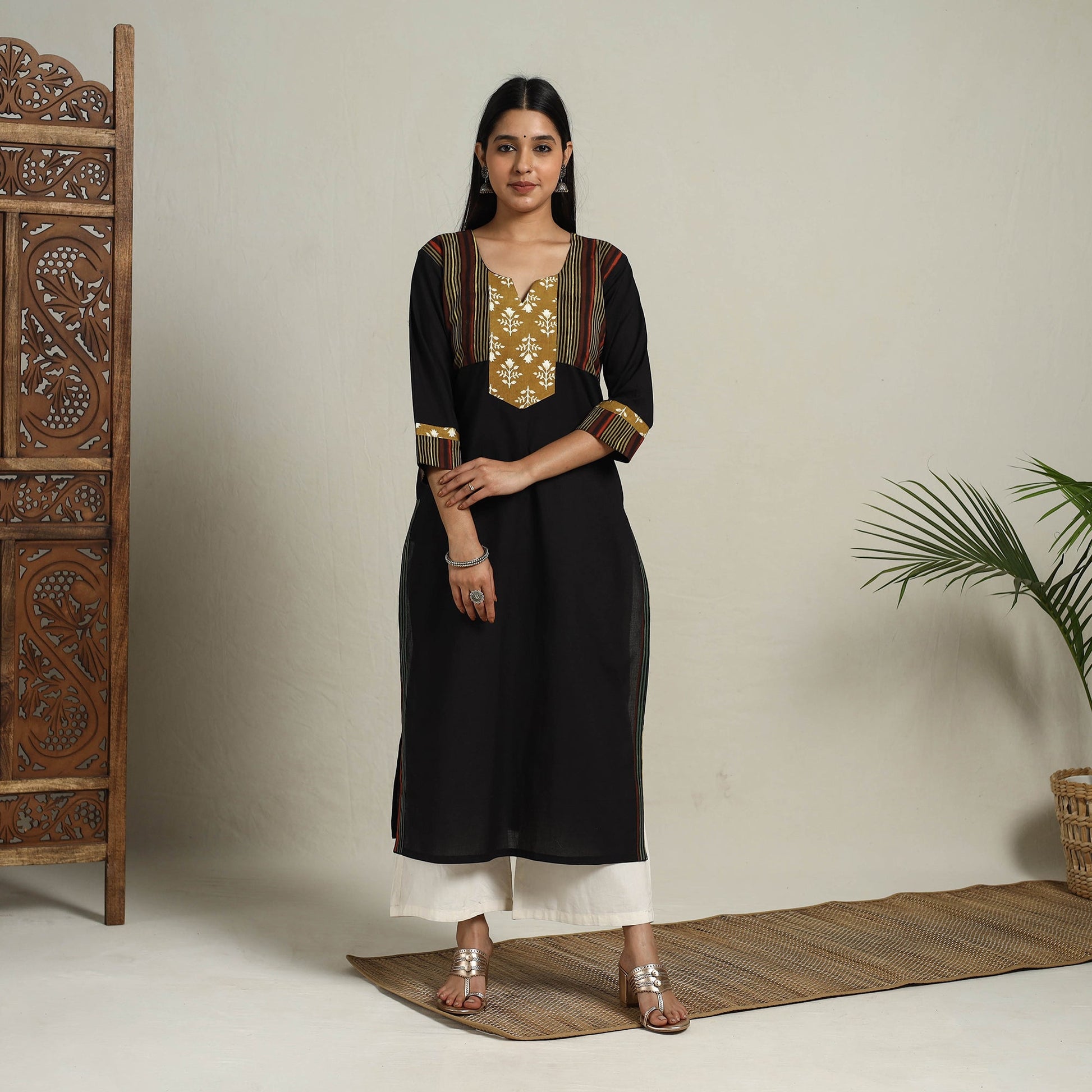 Black - Block Print Mosaic Fusion Straight Plain Cotton Kurta