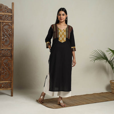 Black - Block Print Mosaic Fusion Straight Plain Cotton Kurta