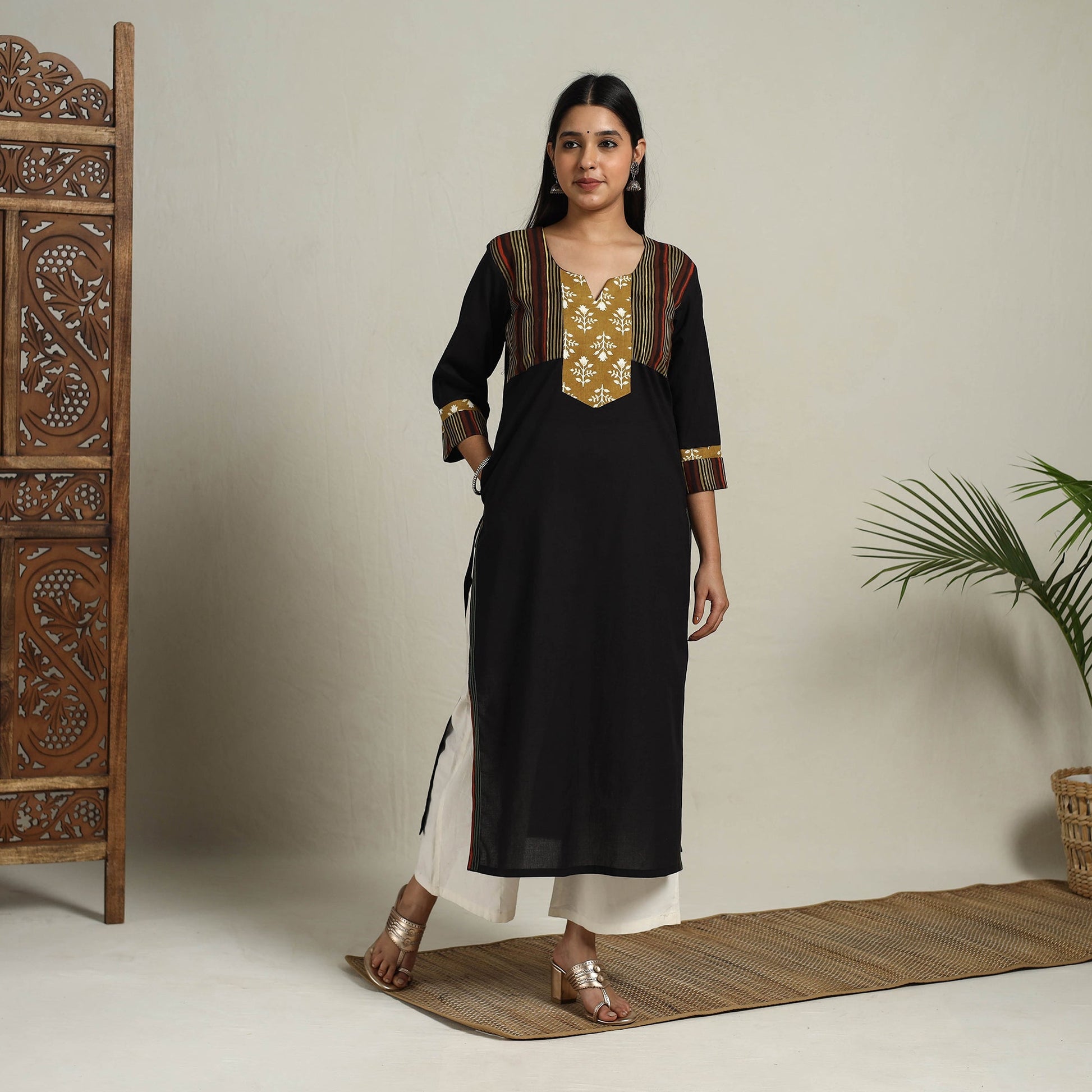Black - Block Print Mosaic Fusion Straight Plain Cotton Kurta