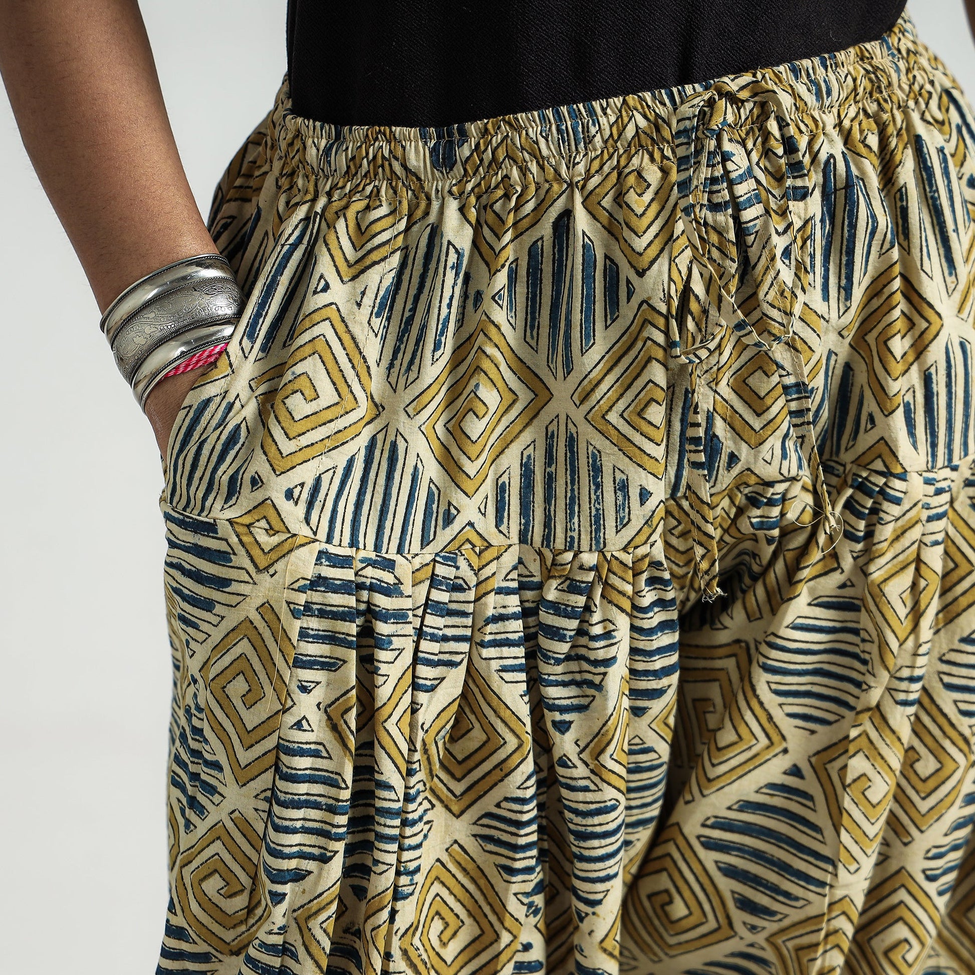 Beige - Kalamkari Block Printed Cotton Elasticated Salwar