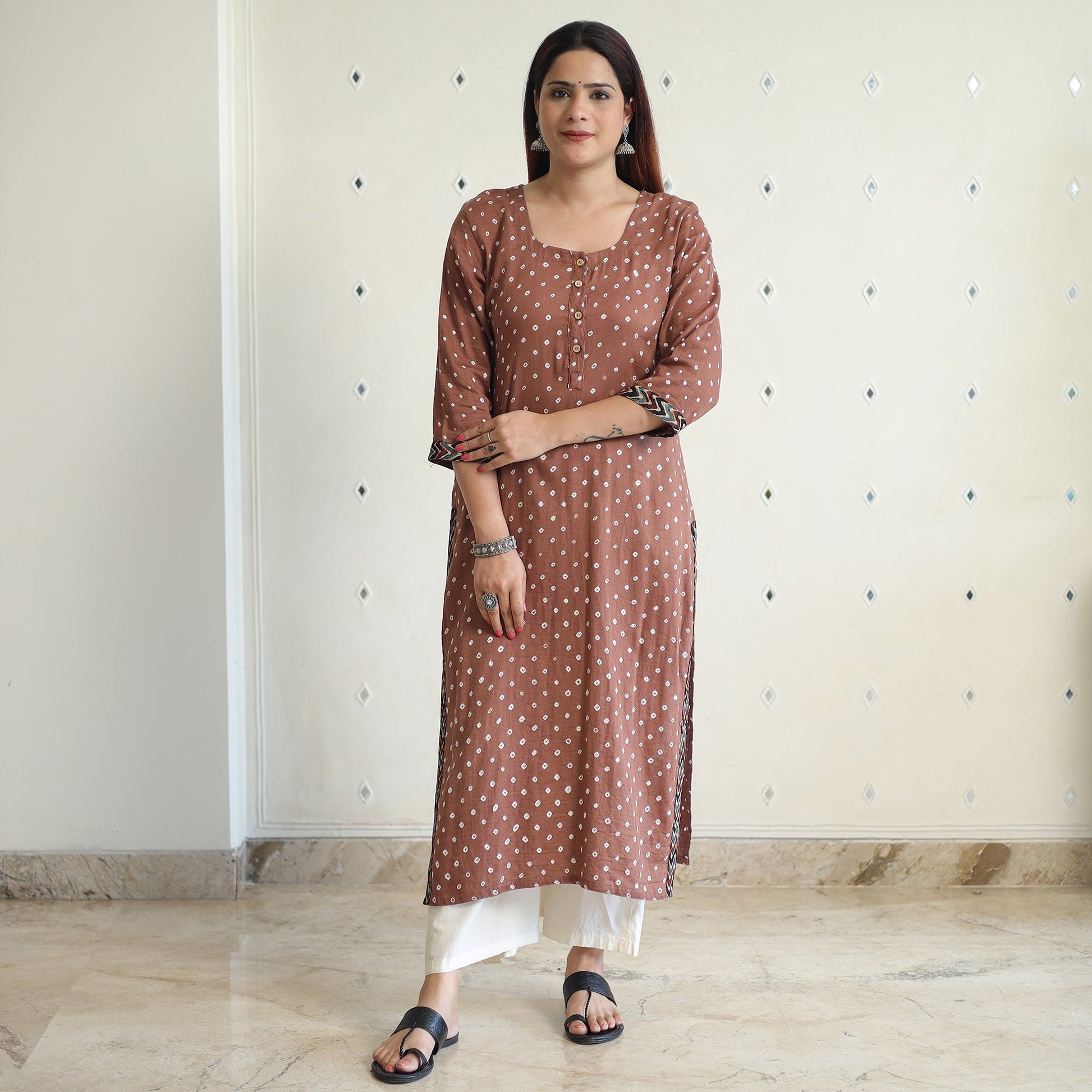 Brown - Bandhani Tie-dye Cotton Long Straight Kurta